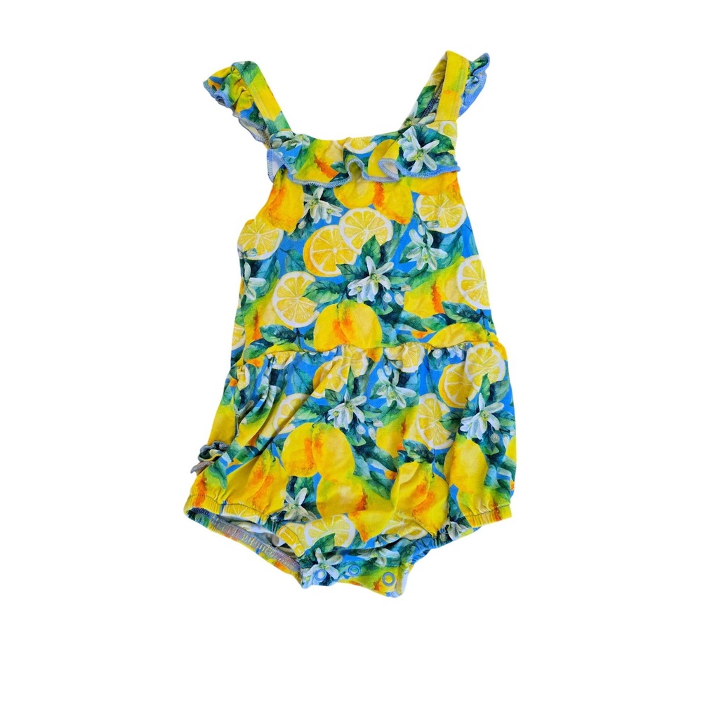 Little Bum Bums Lemon Print Bamboo Ruffle Bubble Romper Yellow Blue 18-24 Months